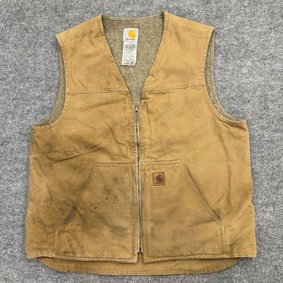 Carhartt Canvas Duck Vest Men Large Full Zip Sherpa Lined Distress Brown V26 CML - Picture 1 of 13